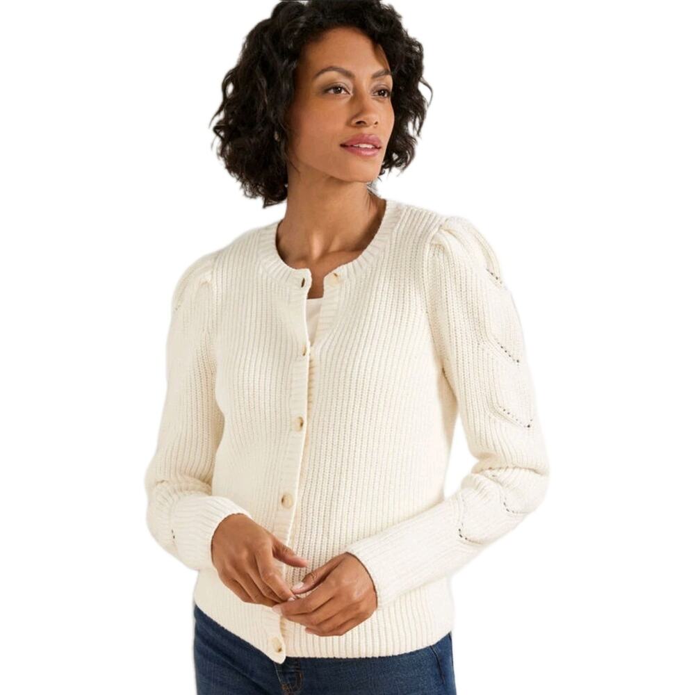 NWT Talbots Puff Long Sleeve Cardigan Cotton Blend Ribbed Cream Size Medium